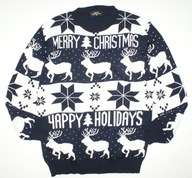 N.C. COLLECTION_Piękny SWETER_granatowy biały norweski wzór gruby akryl_M