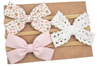 Opaski kokardki komplet dla dziewczynki kwiatuszki pudrowy róż i koronka