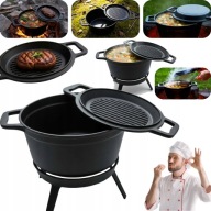 KOCIOŁEK ŻELIWNY GARNEK MYŚLIWSKI NA OGNISKO GRILL STOJĄCY Z PATELNIĄ 8L