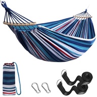 HAMAK ANYOO BAWEŁNIANY NIEBIESKO CZERWONO BIAŁY OGRODOWY PRZENOŚNY