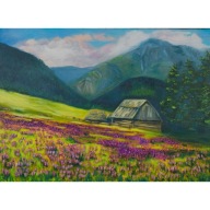 Dolina Chochołowska, krokusy, obraz olejny, pejzaż górski, Tatry