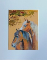 dwa konie pod drzewem akwarela na papierze