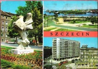 Pocztówka Szczecin 1976,rzeźba Gryfa Pomorskiego,port na Odrze,pl.Przyjaźni