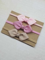 Zestaw 3 opaski kokardki beż róż chrzest urodziny sesja