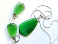 Zielony kwarc kocie oko, elegancki zestaw biżuterii w srebrze