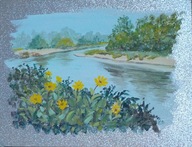 NAD RZEKĄ akryl 30 X 24 cm srebrne płótno