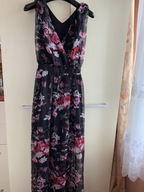 36 S 38 M piękna sukienka maxi zwiewna czarna kwiaty wesele