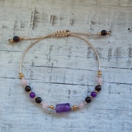 BRANSOLETK AMETYST,GRANAT,KWARC RÓŻOWY- RĘKODZIEŁO