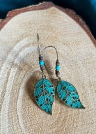 Piękne patynowane kolczyki Boho Etno Listek