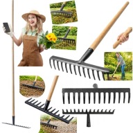 GRABIE DO LIŚCI ZIEMI TRAWY METALOWE OGRODOWE Z MOCNYM DREWNIANYM TRZONEM