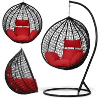 Czarny Fotel Wiszący Kokon Bujak Bahama - Stelaż + Kosz + Czerwona Poduszka