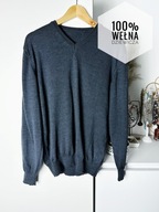 Granatowy męski sweter z dekoltem V 100% wełna dziewicza L