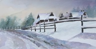 Góry zimą pejzaż Akwarela Sabina Salamon 20x37