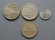 TURCJA 25000, 50000, 100000 LIR 1999-2002 ZESTAW 4 SZT.