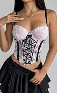 Koronkowy ROZM. XS gorset damski z wiązaniem – różowo-czarny bustier