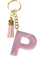 BRELOK LITERA P ALFABET Z FRĘDZLEM OZDOBNY BRELOCZEK ŻYWICA RÓŻOWY HANDMADE
