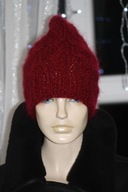 czapka beanie rekodzielo moher warkocze wisnia S
