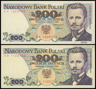BNU - POLSKA PRL 200 złotych 1986 EA 1200203 + 1988 EB 1100203 2szt # st 1