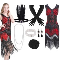 SUKIENKA STYL RETRO VINTAGE LATA 20 Z CEKINAMI FRĘDZLAMI ZESTAW AKCESORII