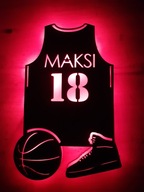 Lampka LED drewniana, koszulka koszykarska, imienna, kolory