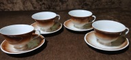 KAROLINA FILIŻANKI SPODKI BRĄZOWE OMBRE STARA PORCELANA PRL KOMPLET 4 osoby