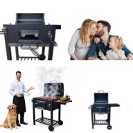 GRILL OGRODOWY WĘGLOWY DUŻY ŻELIWNY RUSZT Z POKRYWĄ + TERMOMETR POPIELNIK