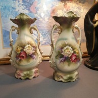 ANTYK - Para zabytkowych wazonów angielskich porcelana kwiaty złocone, 30cm