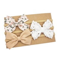 Opaski kokardki zestaw 3 szt beżowa w kwiatuszki i biała koronka