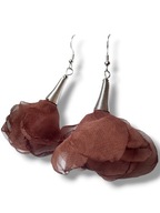 001SBRAZ Cudowne kolczyki kwiaty szyfonowe BRĄZOWE srebrne KRÓTKIE