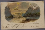 Zachód SŁOŃCA Rybak zima góry 1899r. LITOGRAFIA do Wrocławia 776l