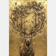 Złoty jeleń z rogami las natura drzewo obraz na płótnie 55x80 zwierzę art