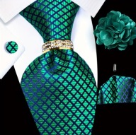 Krawat poszetka spinki broszka obrączka zestaw komplet zielony