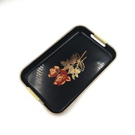 Plastikowa taca vintage PRL czarna z różą ozdobna stylowa lata 70 laka