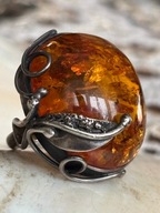 Pierścionek stary srebrny pierścień kamień bursztyn naturalny liście duży