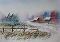 Zima na wsi Akwarela Sabina Salamon 42x30