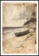 A2 PLAKAT RYSUNEK SZKIC VINTAGE RETRO STARA ŁÓDKA ŁÓDŹ BRZEG MORZA KLIF