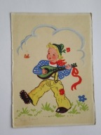 Idący chłopiec śpiewa i gra na mandolinie - stara pocztówka