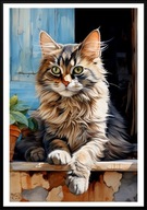 PLAKAT A2 KOTY SIEDZĄCE POD DRZWAMI, BRĄZOWY KOT CAT AKWARELA MAINE COON