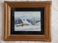 obraz akwarela ,góry zima pejzaż