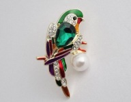 BROSZKA POZŁACANA PERŁY CYRKONIE EMALIA PAPUGA