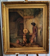 Obraz olejny XIX w. Chłopiec z pieskiem Malowany na płótnie, 1873 r.