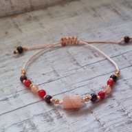 BRANSOLETKA KAMIEŃ SŁONECZNY, KARNEOL, GRANAT - RĘKODZIEŁO