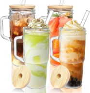 SZKLANE KUBKI Z POKRYWKĄ I SŁOMKĄ – 4 SZT / 680 ML / BAMBUS / SMOOTHIE