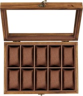 Etui na zegarki Songmics brązowe drewniane 10 miejsc z szklaną pokrywą