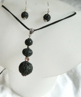 Czarna lawa wulkaniczna i srebro, wisior i kolczyki, oryginalna biżuteria