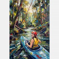 Kajakarstwo kajak kobieta rzeka las obraz olejny na płótnie 55x80 radość