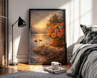 Plakat na ścianę A3 jezioro z kwiatami – zachód słońca | bez ramki