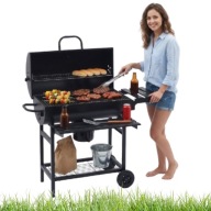 GRILL OGRODOWY WĘGLOWY DUŻY Z POKRYWĄ PÓŁKAMI POPIELNIK TERMOMETR CZARNY