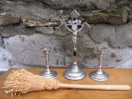 Stary Kompletny Zestaw kolędowy_ Krzyż + 2 Świeczniki + Kropidło