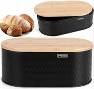 CZARNY CHLEBAK METALOWY Z BAMBUSOWĄ DESKĄ DO KROJENIA DREWNIANA POKRYWA